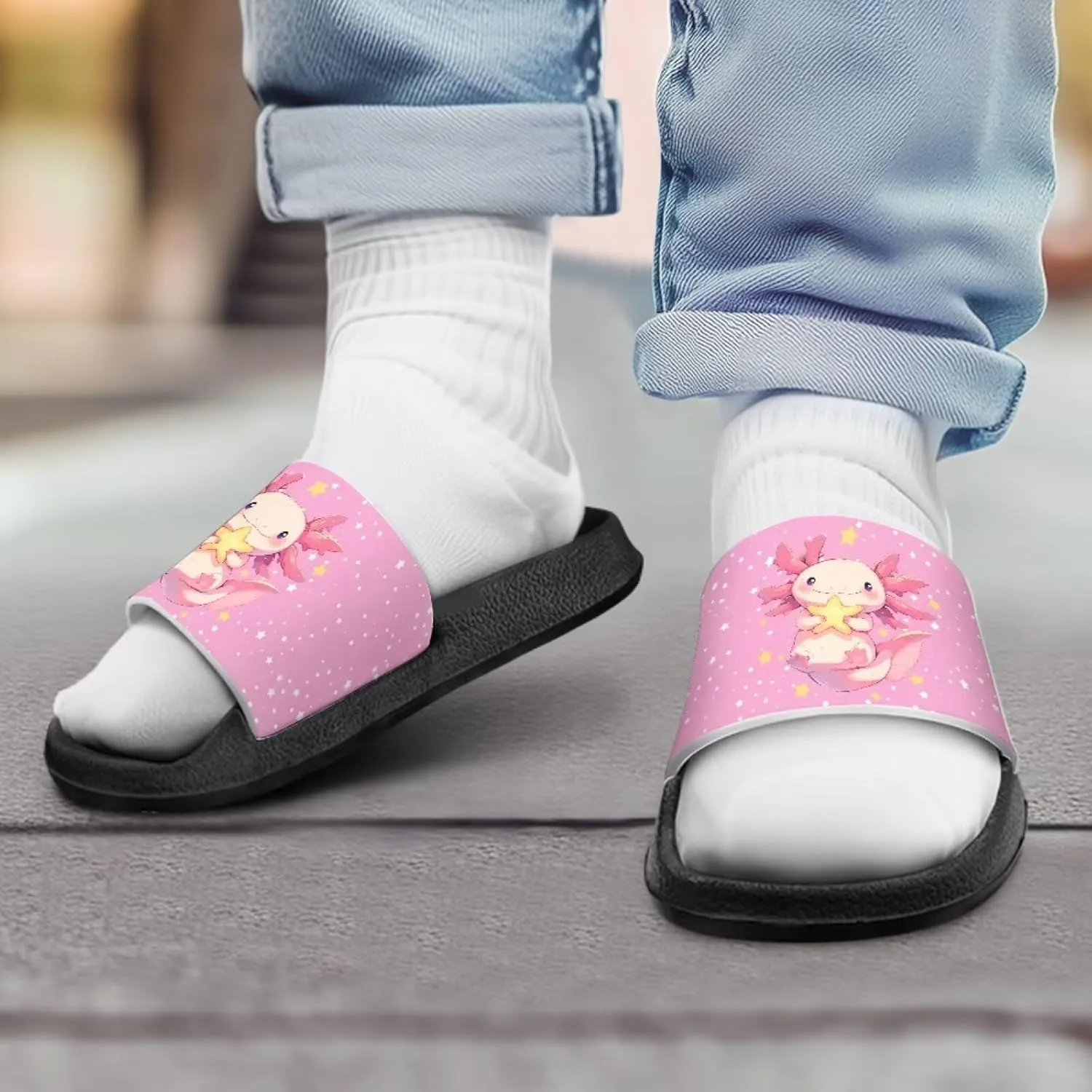 Jeiento Boys Slide Sandals Cartoon Children Open Toe Beach Slides Indoor Outdoor Axolotl Slippers Lightweight Anti Slip Pool Shower Shoes