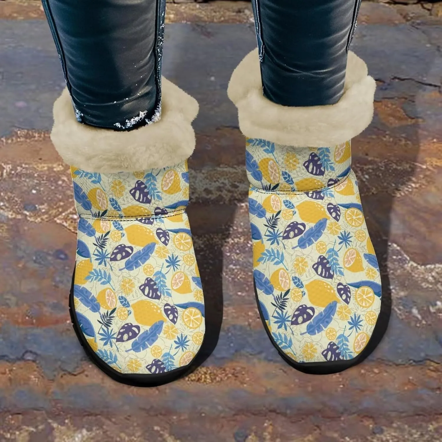 Jeiento Lemon Fruit Snow Boots for Women Anti-Slip Boots Winter Shoes Fashion Fuzzy Walking Boots