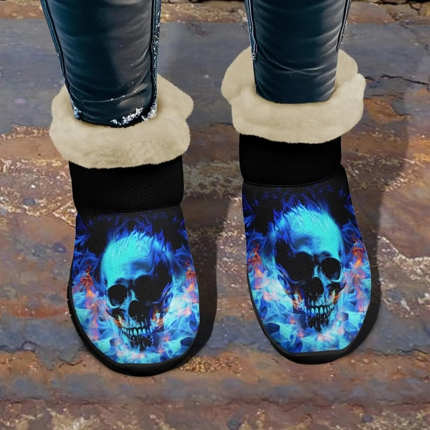 Jeiento Skull Womens Snow Boots Fuzzy Thickening Shoes Rose Lightweight Cozy Slip On Winter Shoes