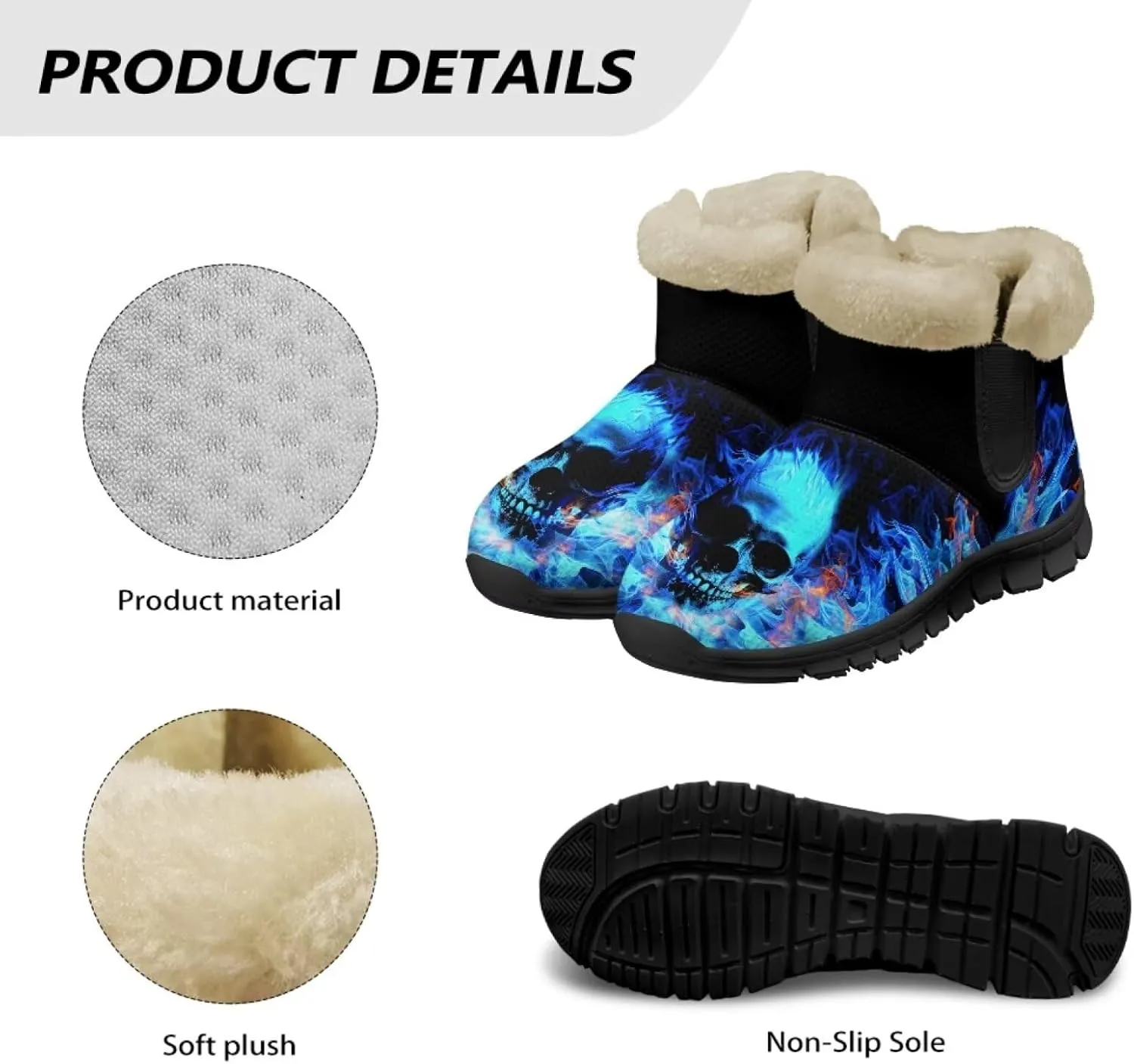 Jeiento Skull Womens Snow Boots Fuzzy Thickening Shoes Rose Lightweight Cozy Slip On Winter Shoes