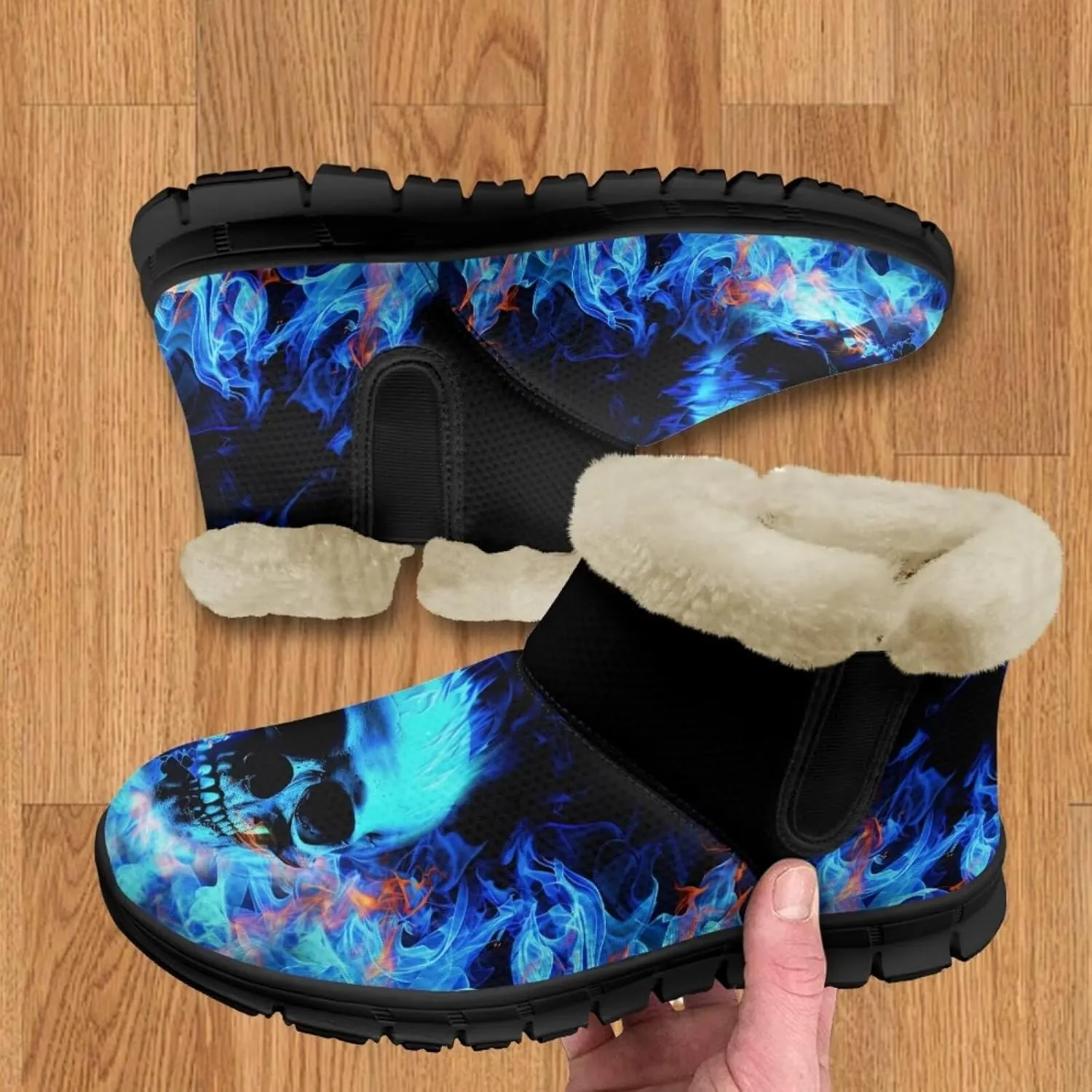 Jeiento Skull Womens Snow Boots Fuzzy Thickening Shoes Rose Lightweight Cozy Slip On Winter Shoes