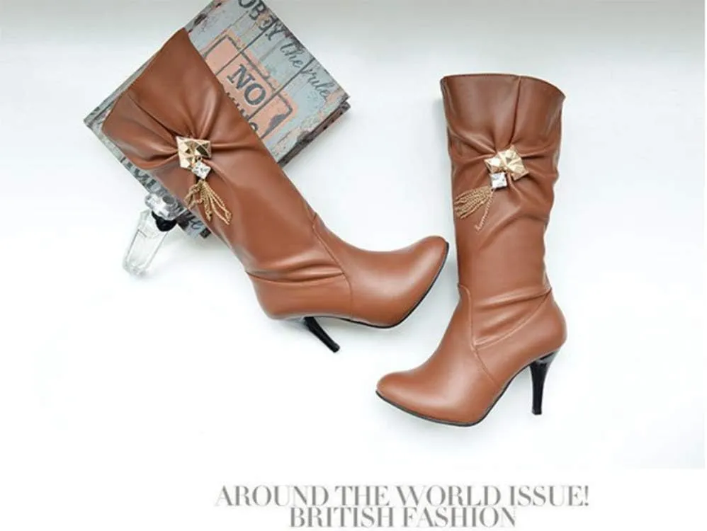JITUUE Womens Mid Calf Slouched Heel Knee with pointed tips and drills High heeled boots Knight's style boots