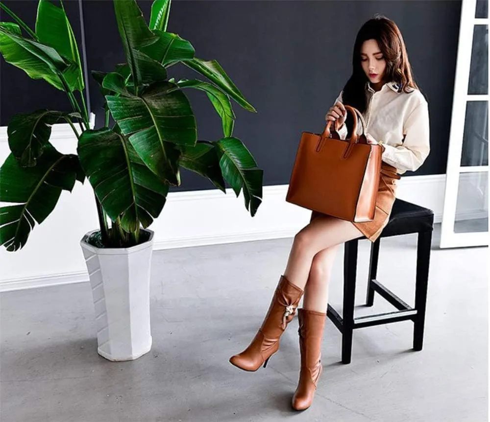 JITUUE Womens Mid Calf Slouched Heel Knee with pointed tips and drills High heeled boots Knight's style boots