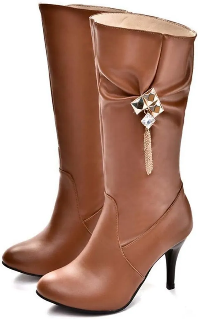 JITUUE Womens Mid Calf Slouched Heel Knee with pointed tips and drills High heeled boots Knight's style boots