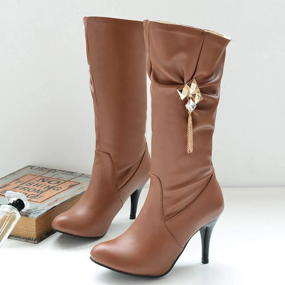 JITUUE Womens Mid Calf Slouched Heel Knee with pointed tips and drills High heeled boots Knight's style boots