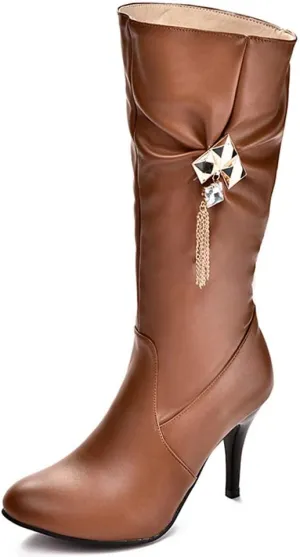 JITUUE Womens Mid Calf Slouched Heel Knee with pointed tips and drills High heeled boots Knight's style boots