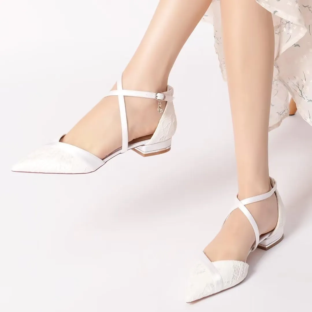 JOEupin Women's Pointed Toe Wedding Flats for Bride Low Heels Cross Ankle Strap Bridal Flats Evening Prom Party Dress Shoes Pumps