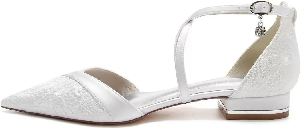 JOEupin Women's Pointed Toe Wedding Flats for Bride Low Heels Cross Ankle Strap Bridal Flats Evening Prom Party Dress Shoes Pumps