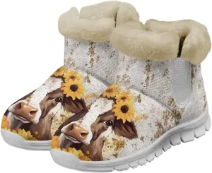 JoyLamoria Funny Santa Claus Reindeer Print Snow Boots for Women Christmas Blue Snowflake Fuzzy Boots Walking Sneakers Boots Warm Lined Boots Anti Slip for Outdoor