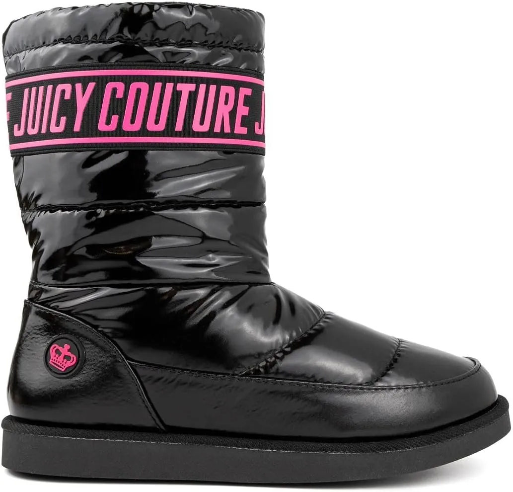 JUICY COUTURE Women's Quilted Slip-On Winter Boots – Waterproof, Warm Mid-Calf Snow Booties with Logo Strap-Kissie