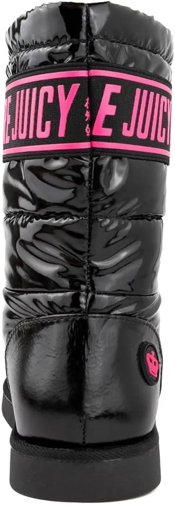 JUICY COUTURE Women's Quilted Slip-On Winter Boots – Waterproof, Warm Mid-Calf Snow Booties with Logo Strap-Kissie