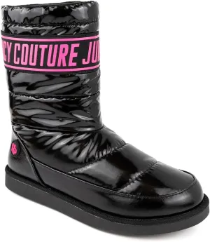 JUICY COUTURE Women's Quilted Slip-On Winter Boots – Waterproof, Warm Mid-Calf Snow Booties with Logo Strap-Kissie