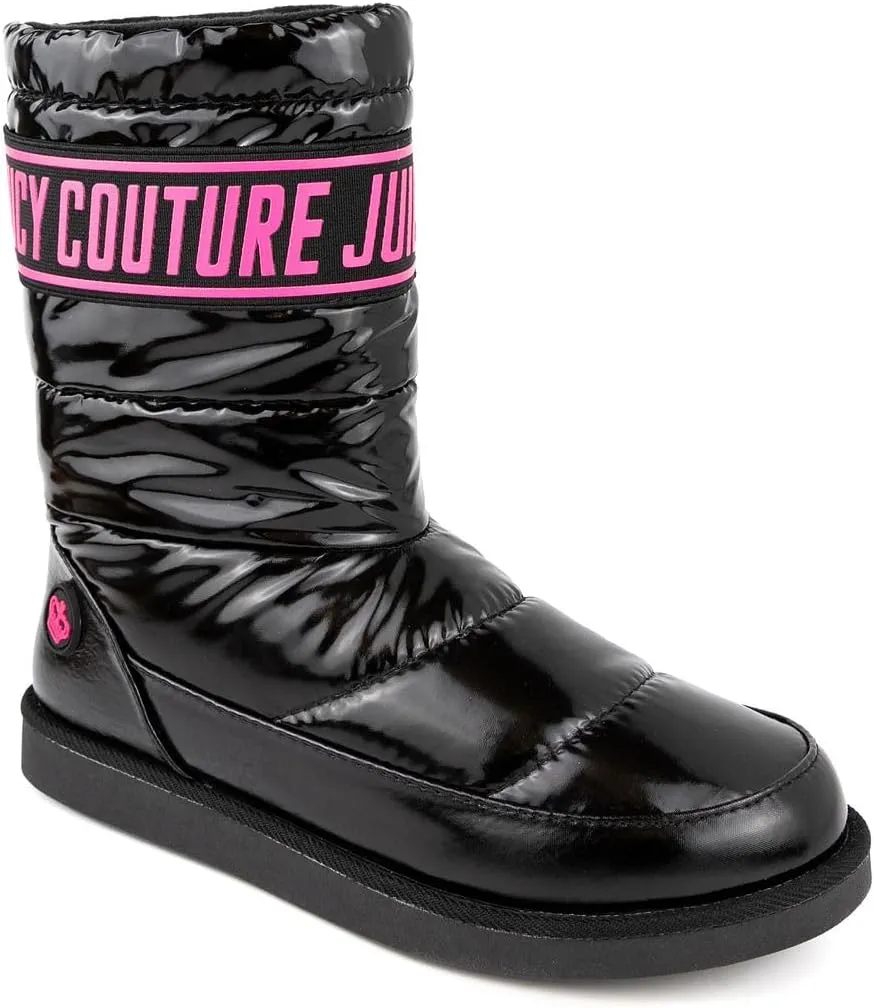 JUICY COUTURE Women's Quilted Slip-On Winter Boots – Waterproof, Warm Mid-Calf Snow Booties with Logo Strap-Kissie