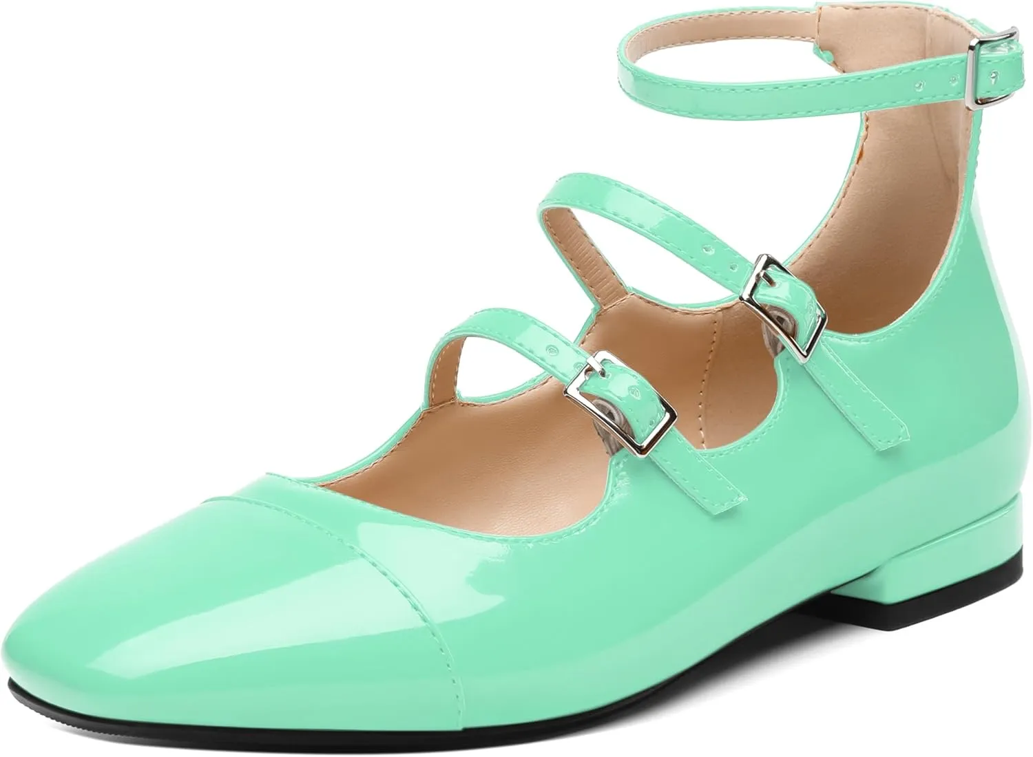 JUSTDANNI Flats for Women Mary Jane Shoes with Round Toe Low Chunky Block Heels Fashion Patent Ankle Strap Pumps for Wedding Party Dating Work