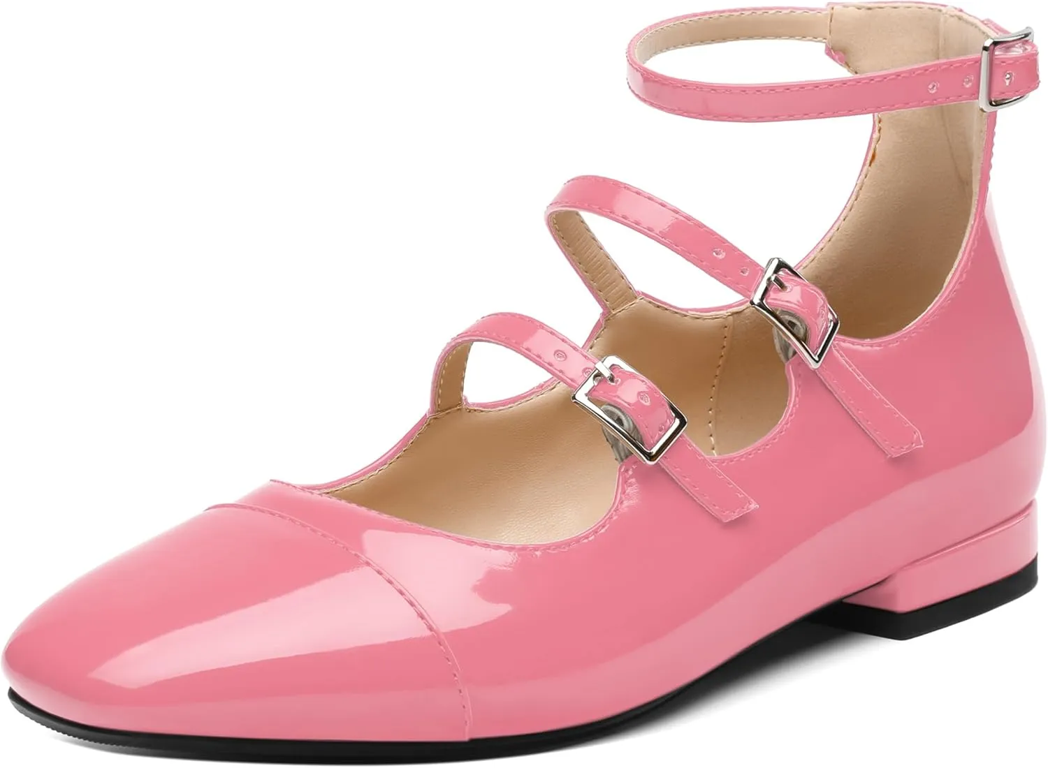 JUSTDANNI Flats for Women Mary Jane Shoes with Round Toe Low Chunky Block Heels Fashion Patent Ankle Strap Pumps for Wedding Party Dating Work