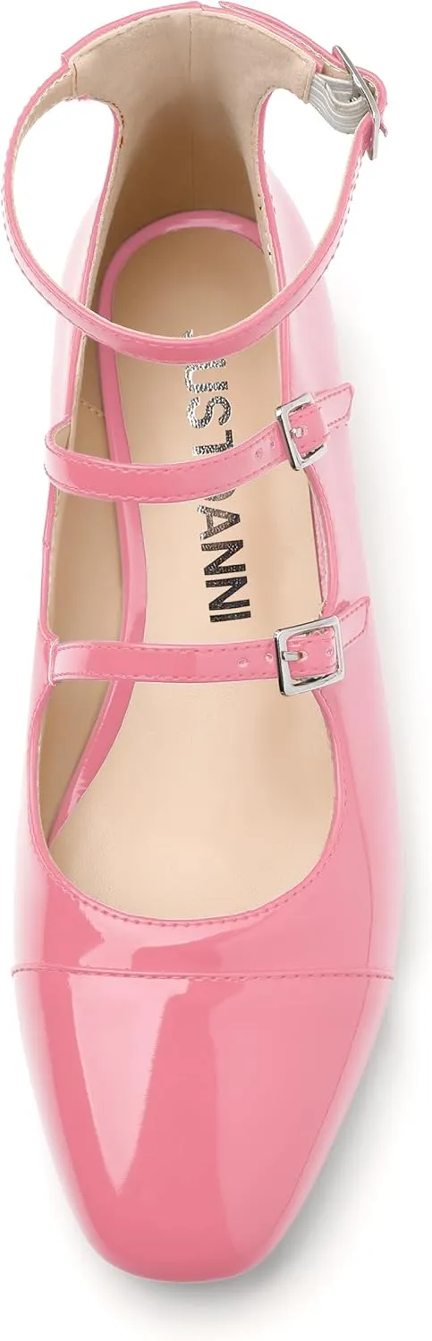 JUSTDANNI Flats for Women Mary Jane Shoes with Round Toe Low Chunky Block Heels Fashion Patent Ankle Strap Pumps for Wedding Party Dating Work