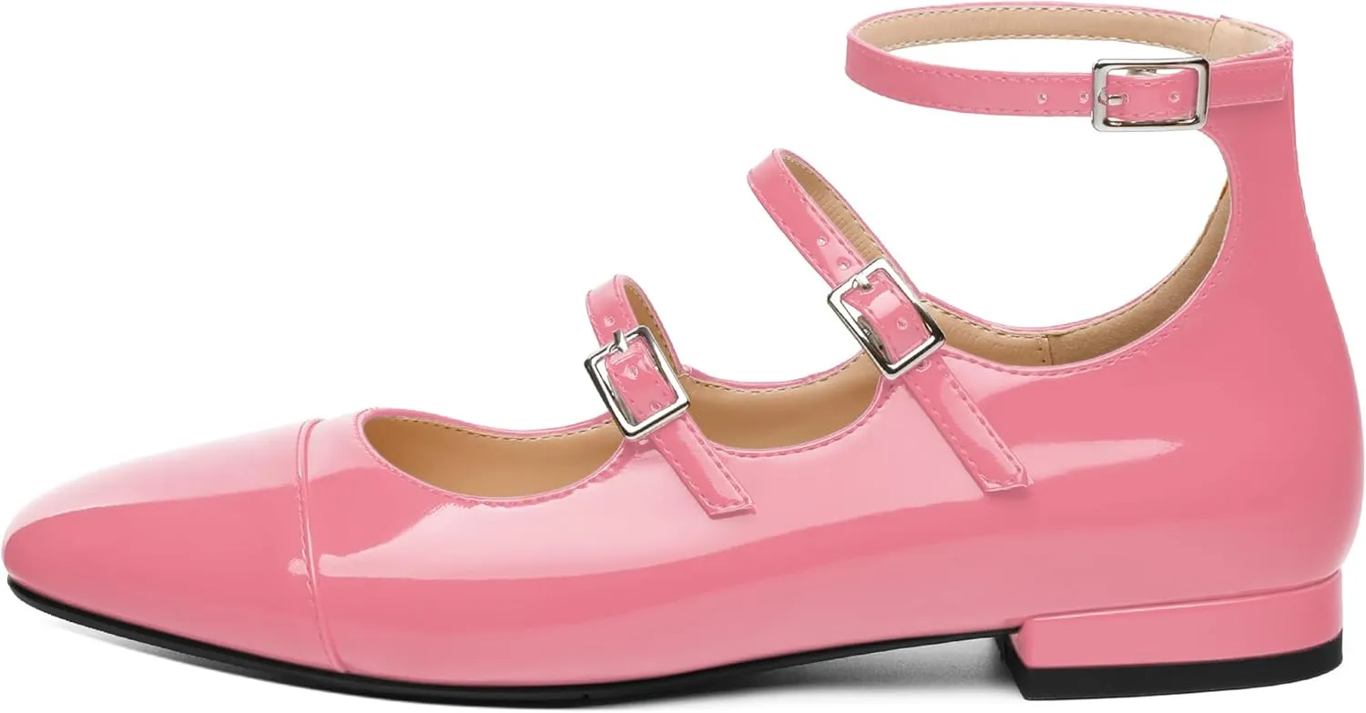 JUSTDANNI Flats for Women Mary Jane Shoes with Round Toe Low Chunky Block Heels Fashion Patent Ankle Strap Pumps for Wedding Party Dating Work