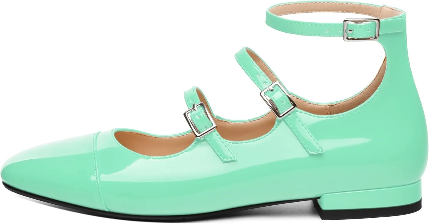 JUSTDANNI Flats for Women Mary Jane Shoes with Round Toe Low Chunky Block Heels Fashion Patent Ankle Strap Pumps for Wedding Party Dating Work