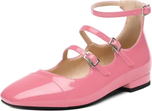 JUSTDANNI Flats for Women Mary Jane Shoes with Round Toe Low Chunky Block Heels Fashion Patent Ankle Strap Pumps for Wedding Party Dating Work