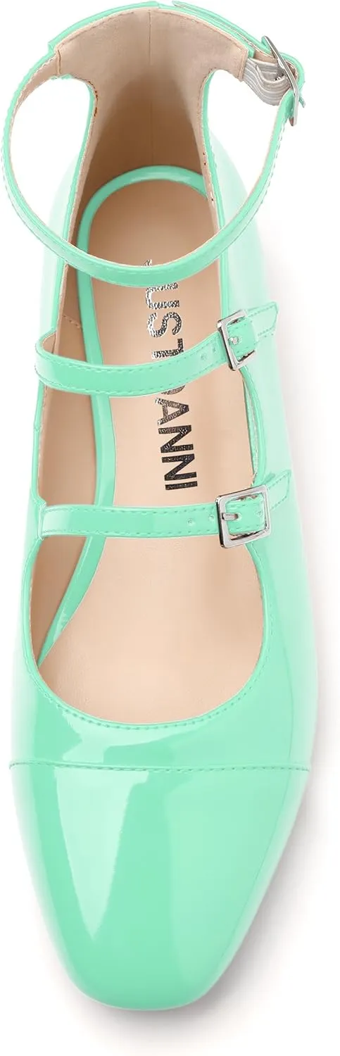 JUSTDANNI Flats for Women Mary Jane Shoes with Round Toe Low Chunky Block Heels Fashion Patent Ankle Strap Pumps for Wedding Party Dating Work