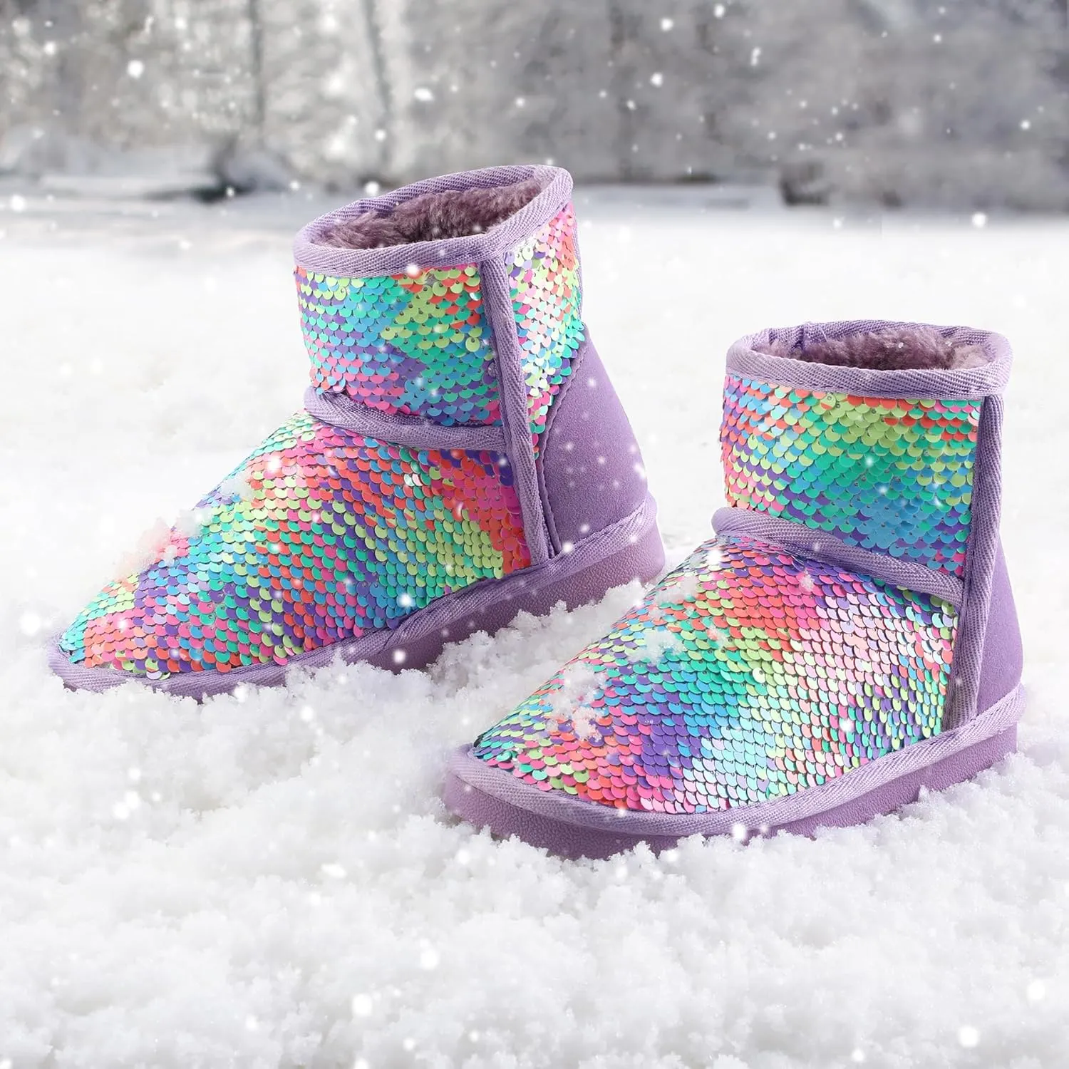 K KomForme Girls Winter Boots Sparkle Sequins Warm Snow Shoes Fur Lined Lightweight Comfy (Toddler/Little Kids/Big Kids)