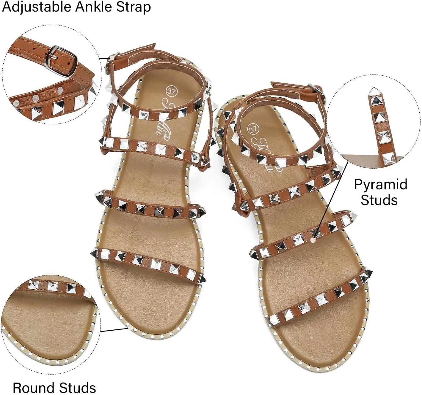 katliu Women's Flat Sandals Strappy Studded Sandals Gladiator Sandals with Ankle Strap