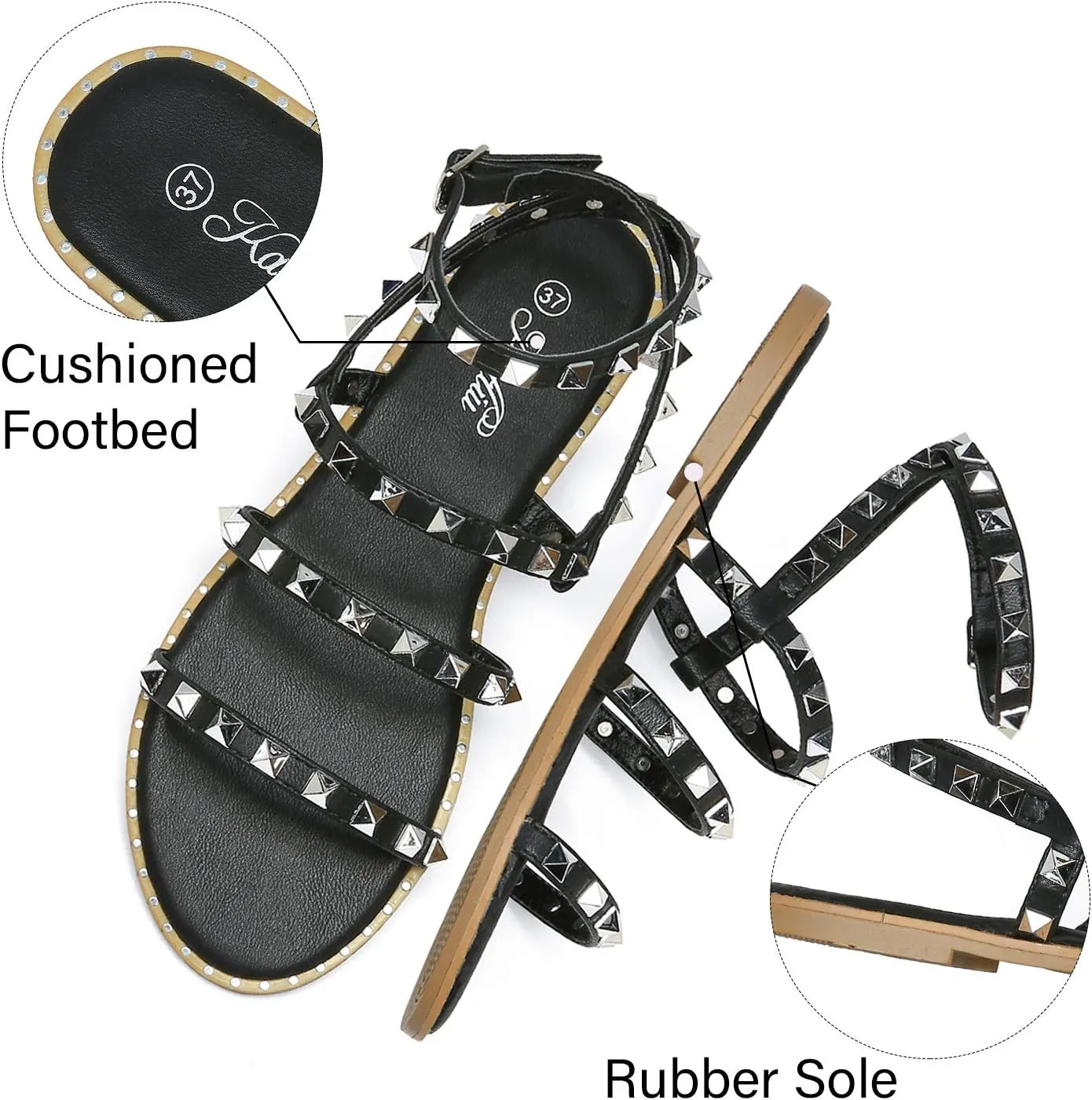 katliu Women's Flat Sandals Strappy Studded Sandals Gladiator Sandals with Ankle Strap