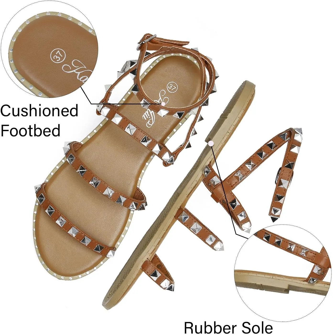 katliu Women's Flat Sandals Strappy Studded Sandals Gladiator Sandals with Ankle Strap
