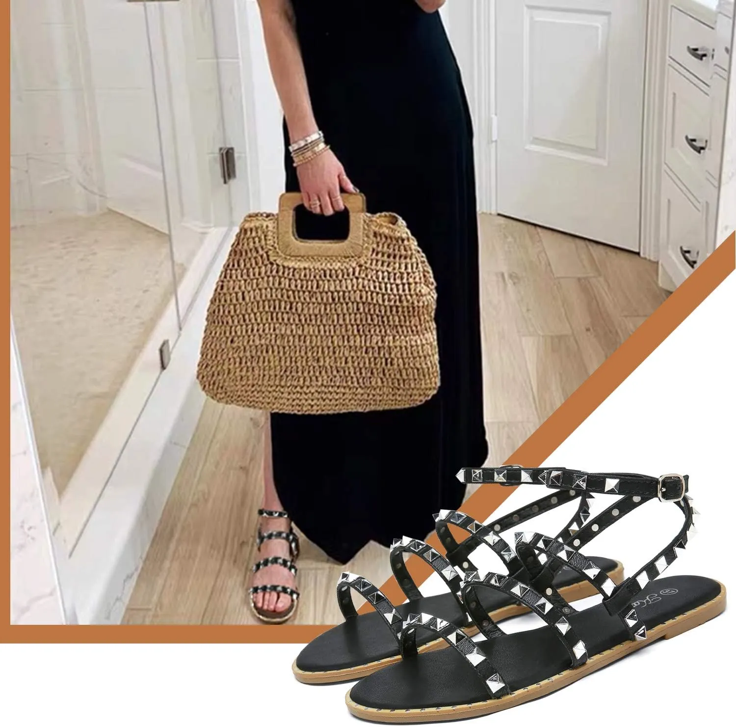 katliu Women's Flat Sandals Strappy Studded Sandals Gladiator Sandals with Ankle Strap