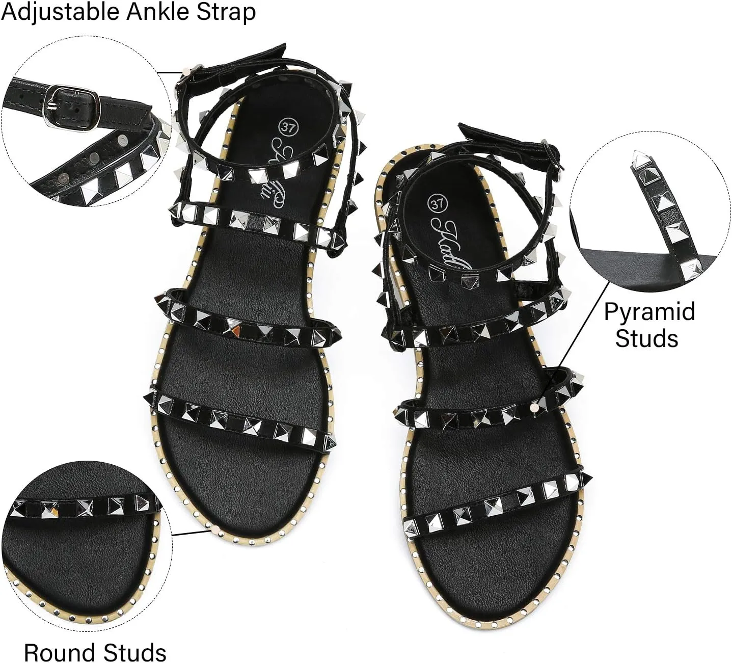 katliu Women's Flat Sandals Strappy Studded Sandals Gladiator Sandals with Ankle Strap