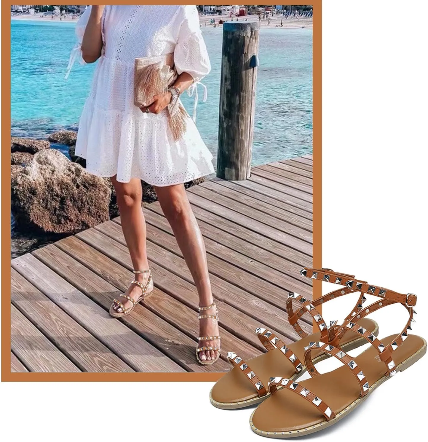 katliu Women's Flat Sandals Strappy Studded Sandals Gladiator Sandals with Ankle Strap