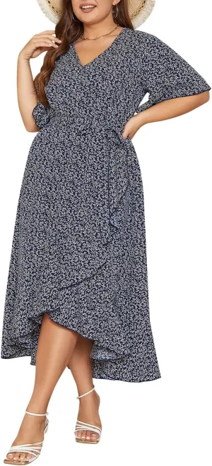 Keluummi Plus Size Wedding Guest Maxi Dress for Curvy Women, Summer Casual Boho Floral Long Wrap Dress with Sleeve and Pocket