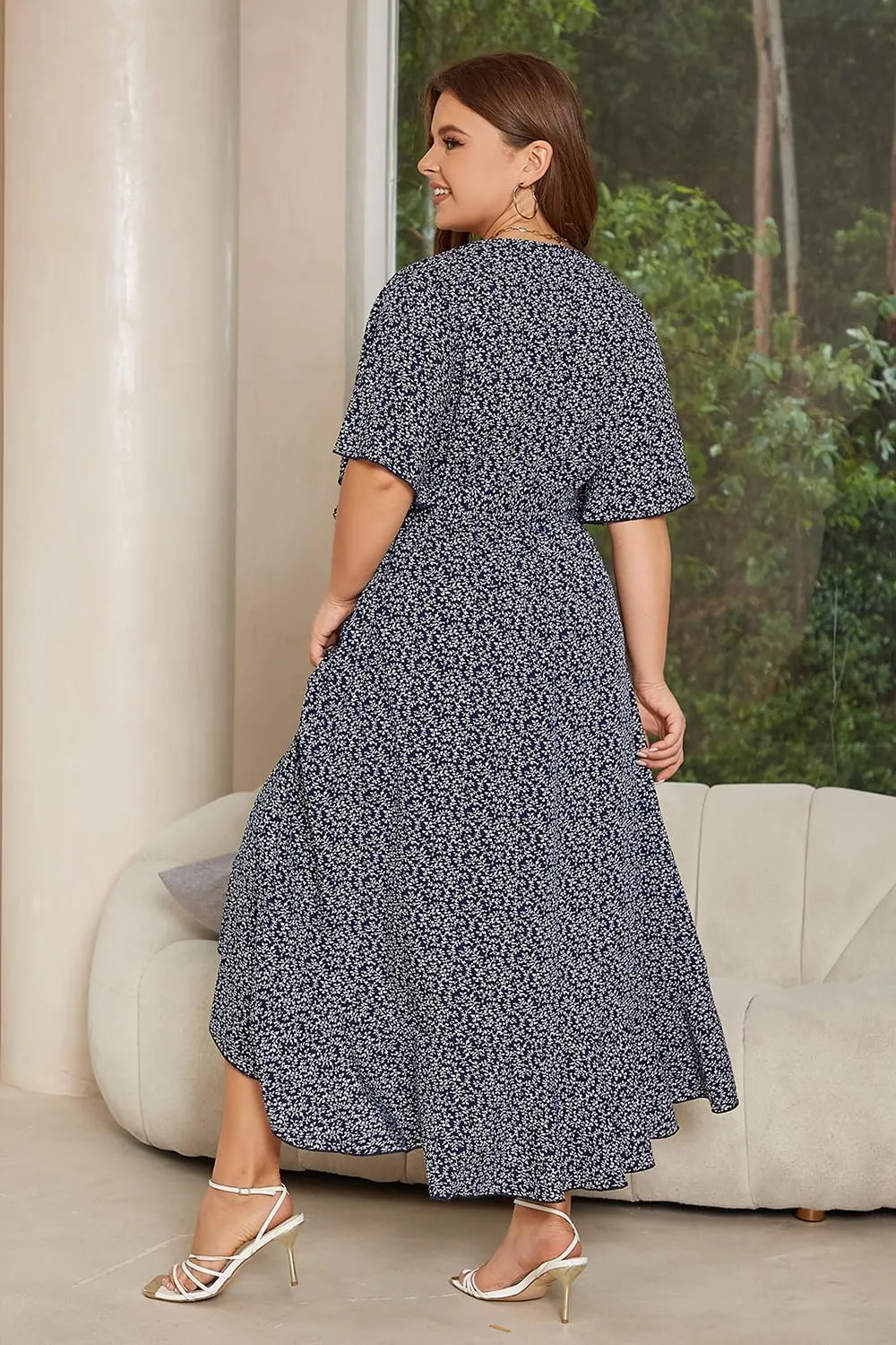 Keluummi Plus Size Wedding Guest Maxi Dress for Curvy Women, Summer Casual Boho Floral Long Wrap Dress with Sleeve and Pocket