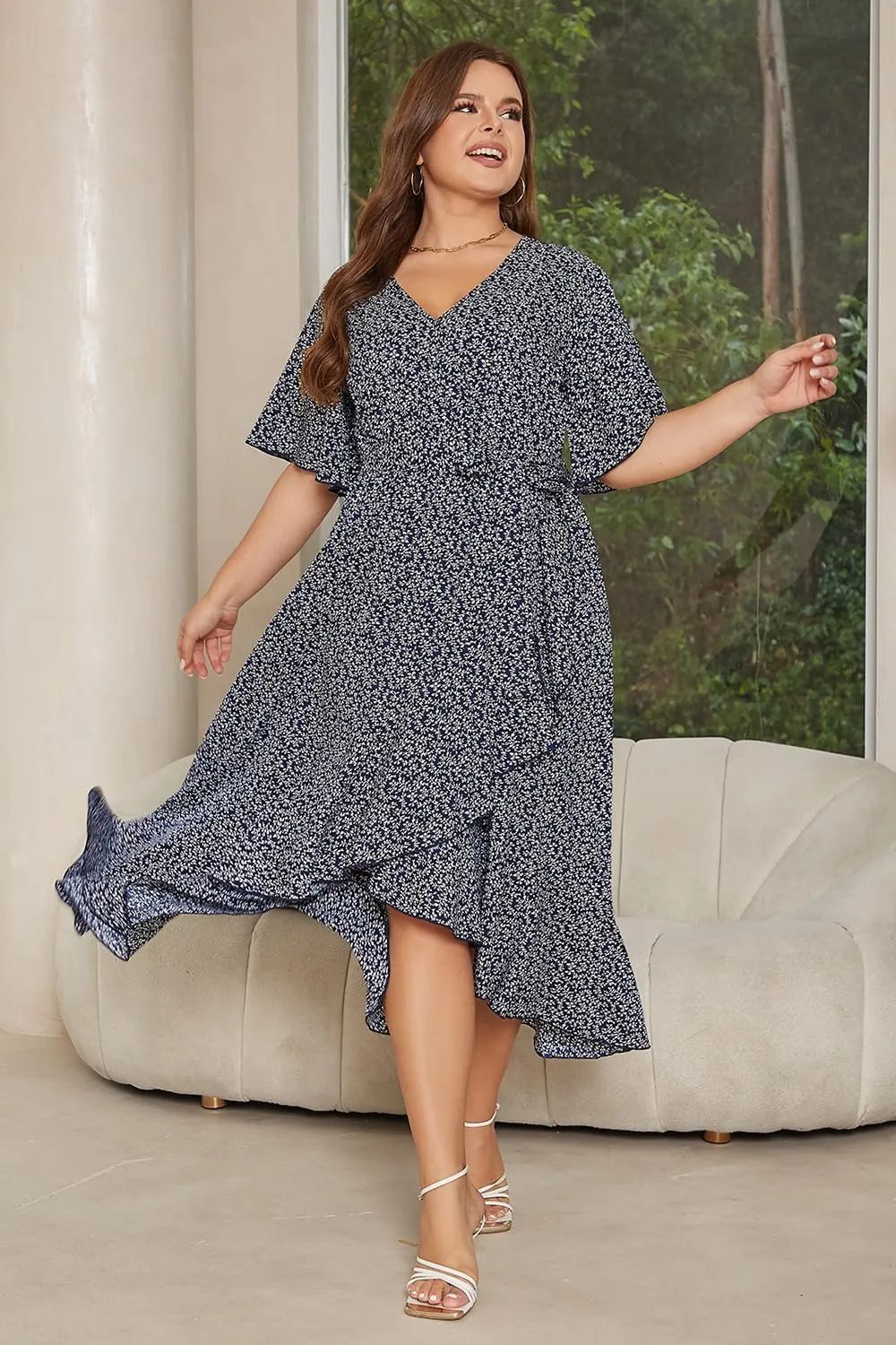 Keluummi Plus Size Wedding Guest Maxi Dress for Curvy Women, Summer Casual Boho Floral Long Wrap Dress with Sleeve and Pocket