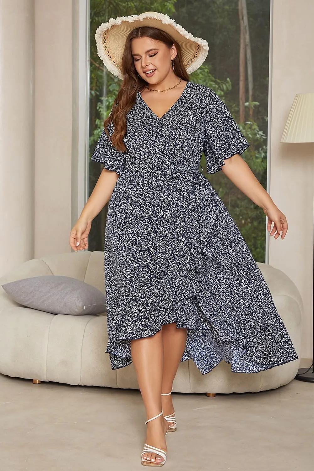 Keluummi Plus Size Wedding Guest Maxi Dress for Curvy Women, Summer Casual Boho Floral Long Wrap Dress with Sleeve and Pocket