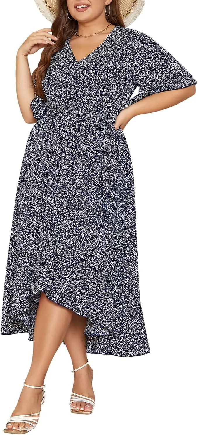 Keluummi Plus Size Wedding Guest Maxi Dress for Curvy Women, Summer Casual Boho Floral Long Wrap Dress with Sleeve and Pocket