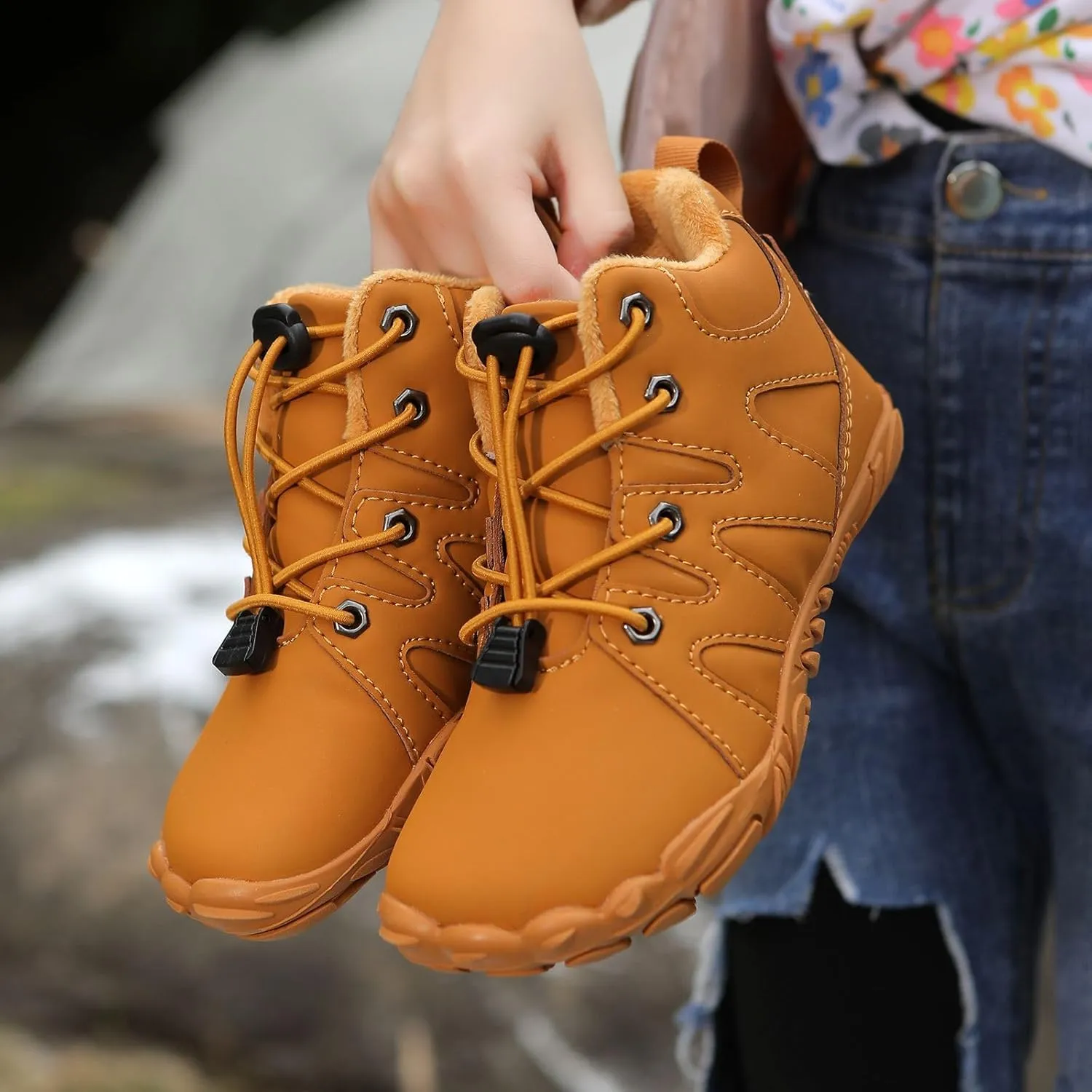 Kids Barefoot Shoes Fur Lined Zero Drop Sole,Unisex-Child Wide Toe Box Hiking Boots,Boys Girls Anti-Slip Waterproof Minimalist High Top Snow Boots (Toddler/Little Kids/Big Kids)