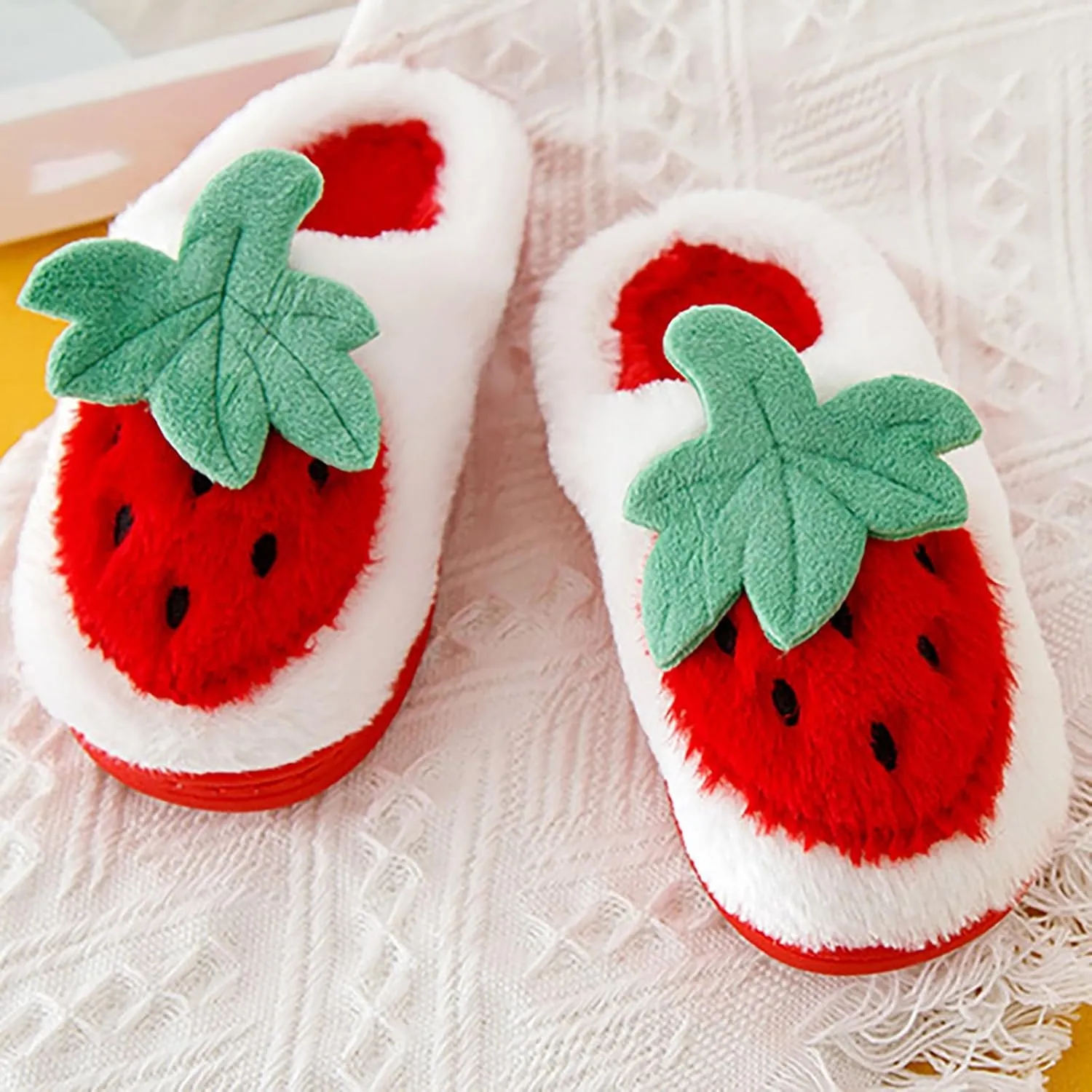 Kids Cute Strawberry 𝐌ushroom Slippers Soft Bottom Comfort Slippers Fleece Plush Warm Cozy Outdoor Tween Shoes