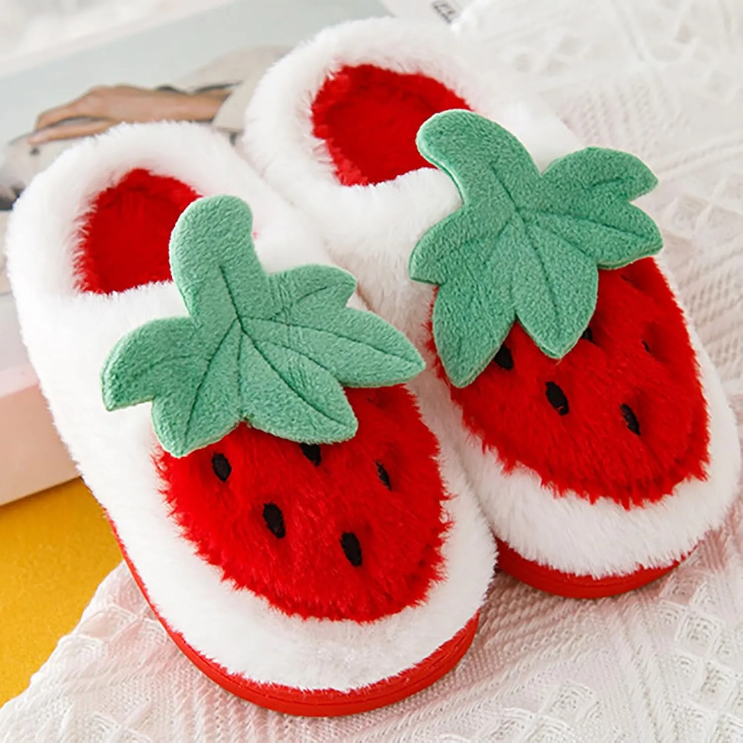 Kids Cute Strawberry 𝐌ushroom Slippers Soft Bottom Comfort Slippers Fleece Plush Warm Cozy Outdoor Tween Shoes