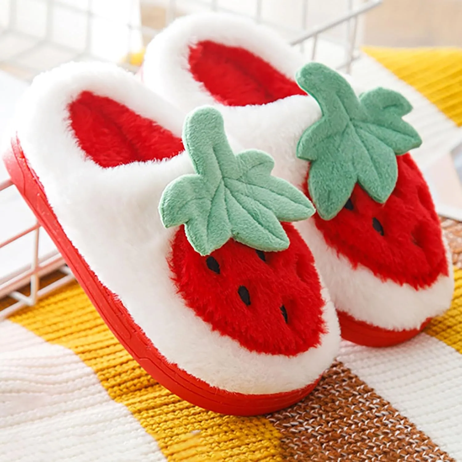 Kids Cute Strawberry 𝐌ushroom Slippers Soft Bottom Comfort Slippers Fleece Plush Warm Cozy Outdoor Tween Shoes