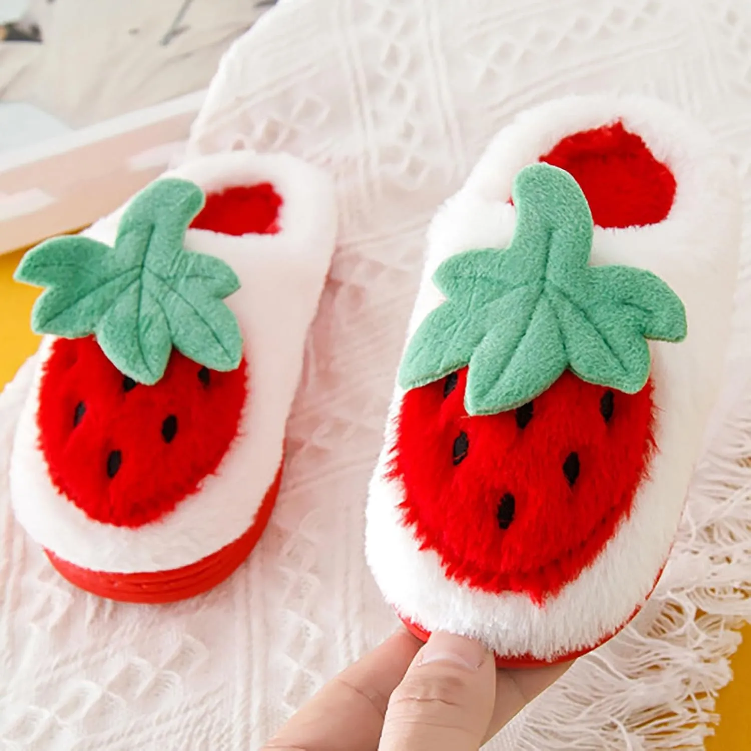 Kids Cute Strawberry 𝐌ushroom Slippers Soft Bottom Comfort Slippers Fleece Plush Warm Cozy Outdoor Tween Shoes