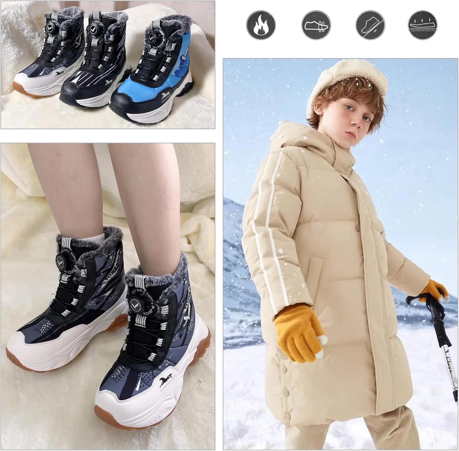 Kids Snow Boots Boys Girls Winter Shoes Warm Waterproof Slip Resistant Outdoor Hiking Walking Boot