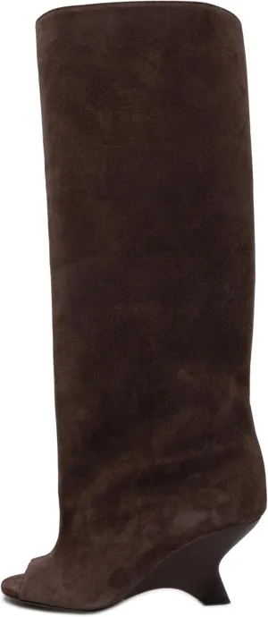 Kluolandi Womens Peep Toe Knee High Boots Faux Suede Wide Calf Wedge Heel Boots for Women