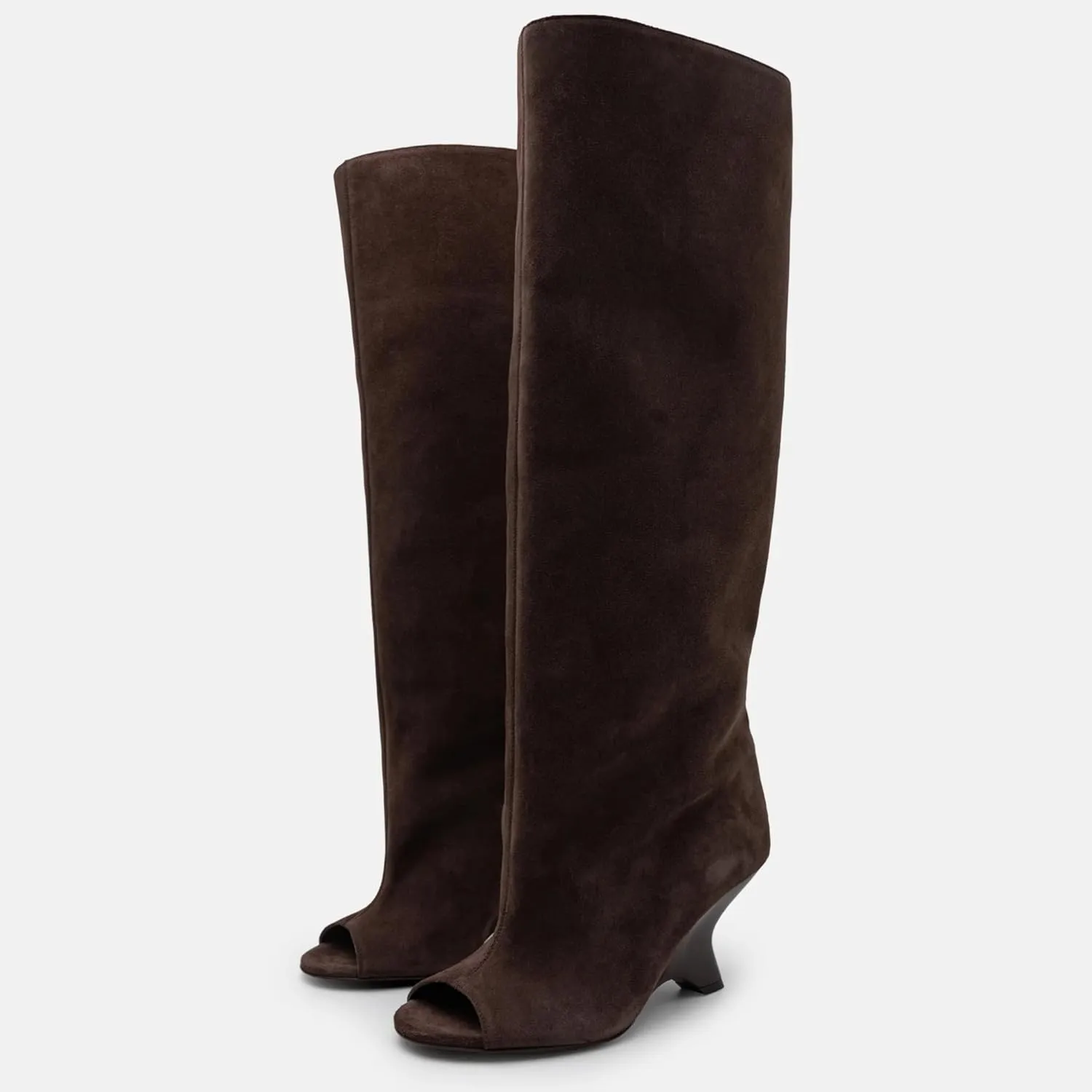 Kluolandi Womens Peep Toe Knee High Boots Faux Suede Wide Calf Wedge Heel Boots for Women