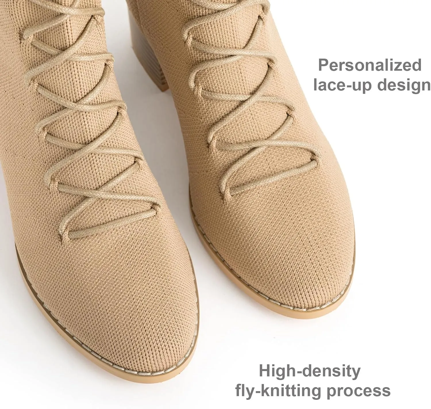 Knit Ankle Boots Lace-up Pointed Toe 1.5 Inch Chunky Block Heel Women Booties Fall Winter Shoes