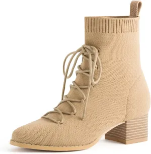 Knit Ankle Boots Lace-up Pointed Toe 1.5 Inch Chunky Block Heel Women Booties Fall Winter Shoes