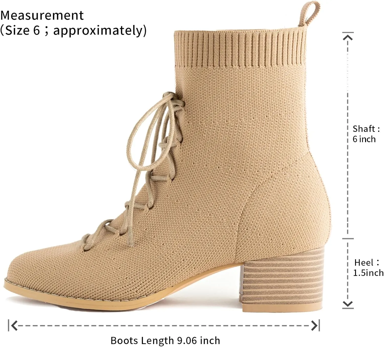 Knit Ankle Boots Lace-up Pointed Toe 1.5 Inch Chunky Block Heel Women Booties Fall Winter Shoes