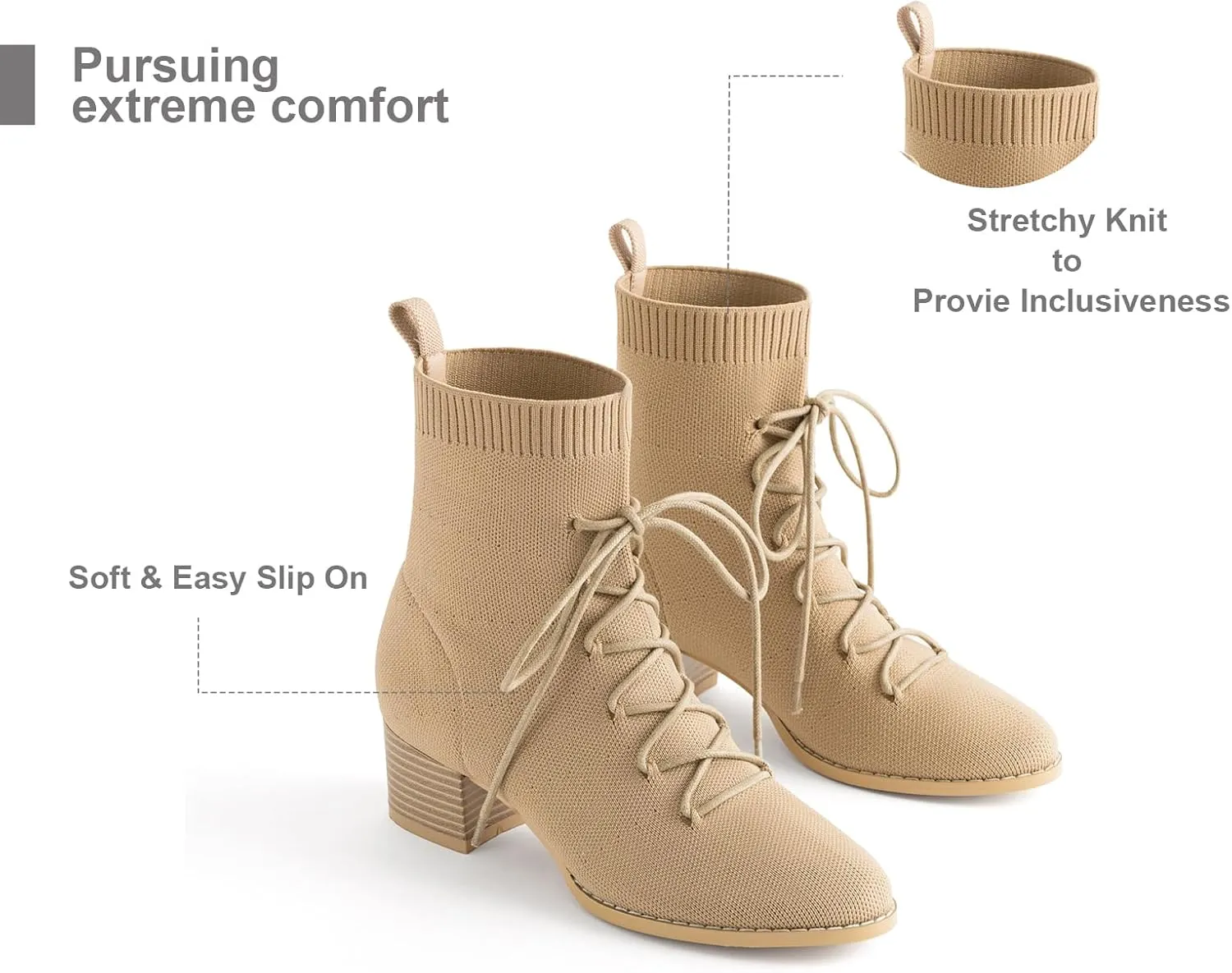 Knit Ankle Boots Lace-up Pointed Toe 1.5 Inch Chunky Block Heel Women Booties Fall Winter Shoes