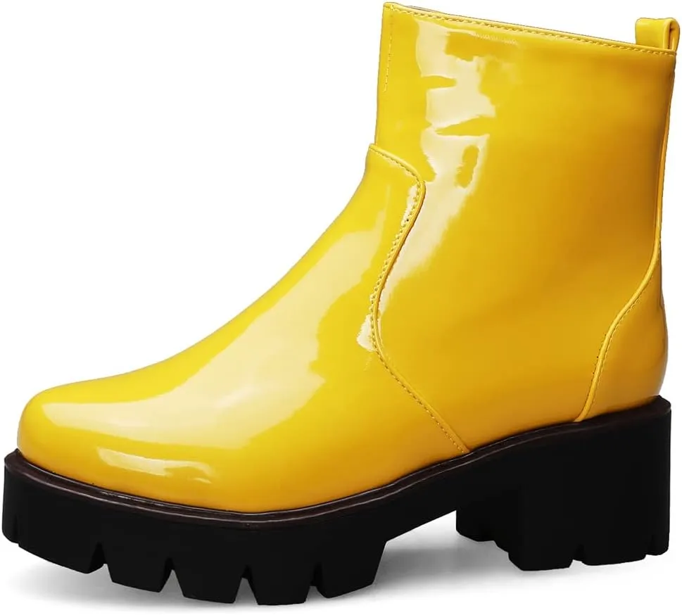 KUUTGG Women's Fashion Dressy Ankle Boots Patent Leather Round Toe Platform Zip Chunky Mid Heel Short Booties
