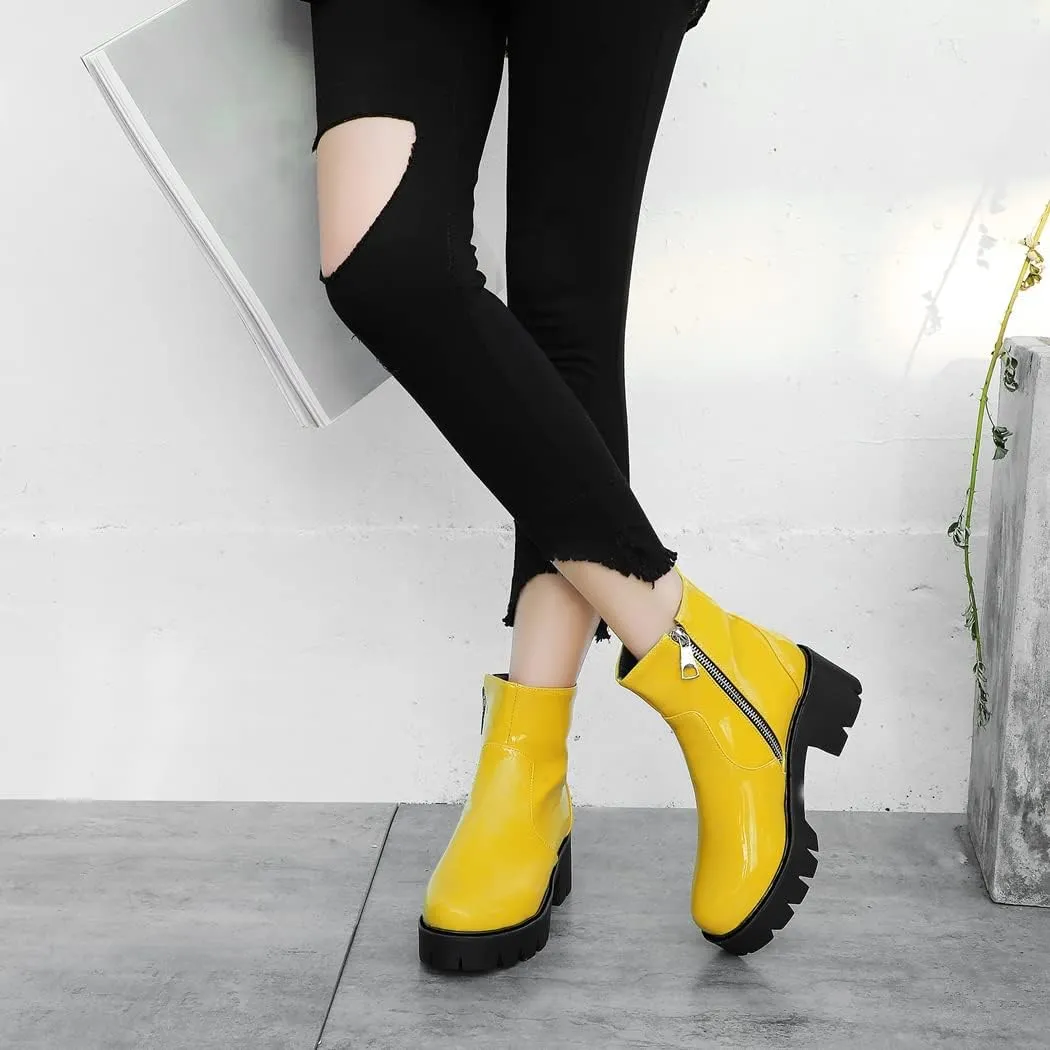 KUUTGG Women's Fashion Dressy Ankle Boots Patent Leather Round Toe Platform Zip Chunky Mid Heel Short Booties